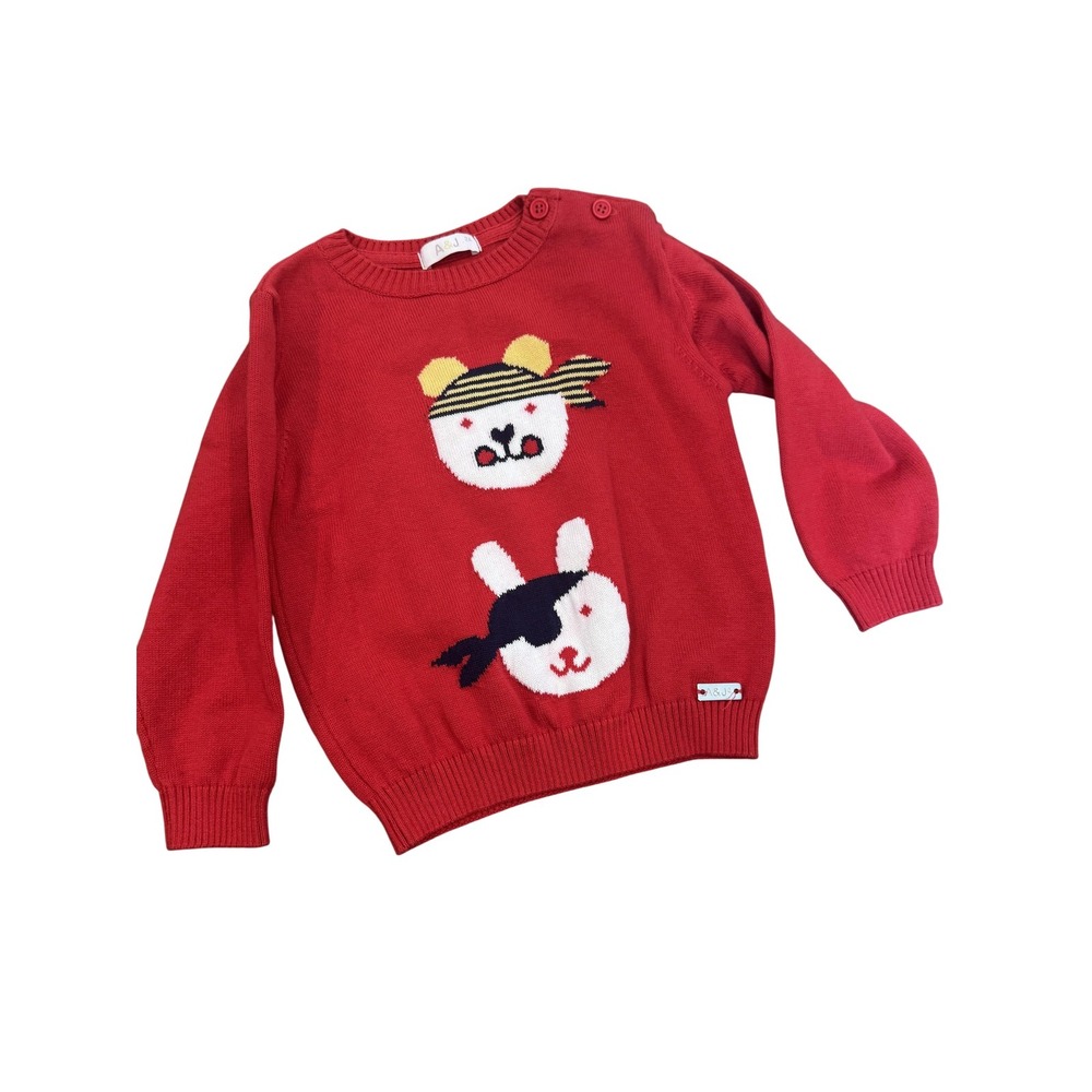 A&J Sweater Kids 2T Red Pirate Bear Bunny Pullover‎ Crewneck Graphic Animals